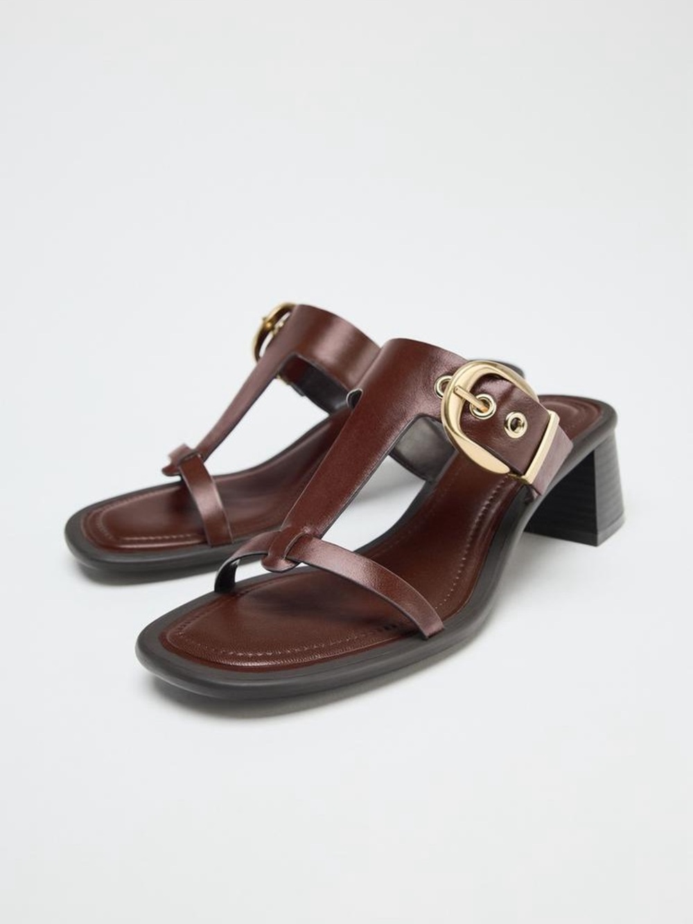 Zara Brown Leather Block Mid Heel Sandals Gold Buckle T Strap NWT Size 37 US 6.5